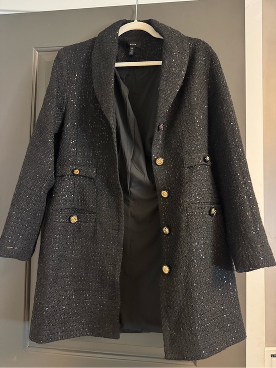Aqua Jackets & Blazers - Aqua Black Tweed Long Trench Coat with Gold Buttons